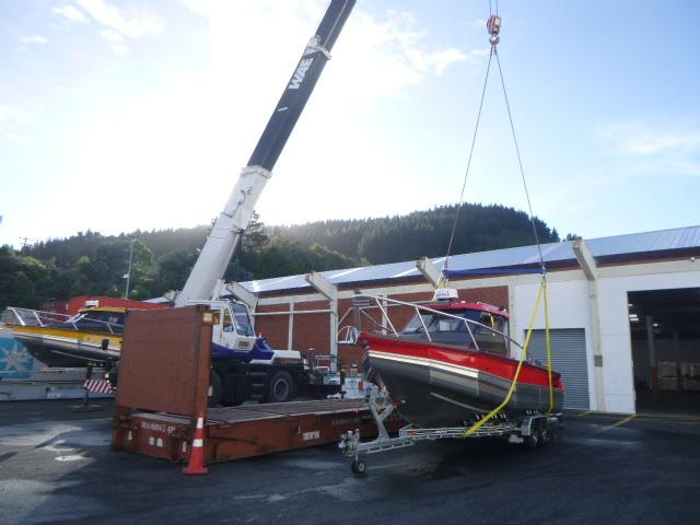 The Stabicraft boat being lifted onto it's flatrack